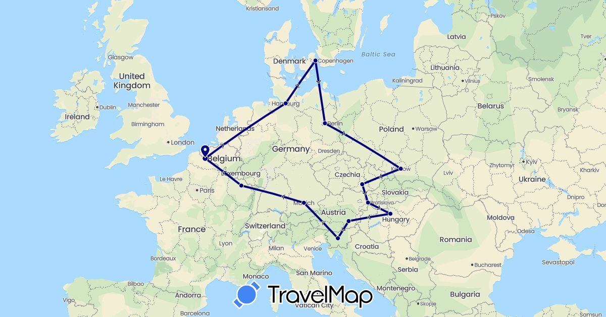 TravelMap itinerary: driving in Austria, Czech Republic, Germany, Denmark, France, Hungary, Poland, Slovenia, Slovakia (Europe)